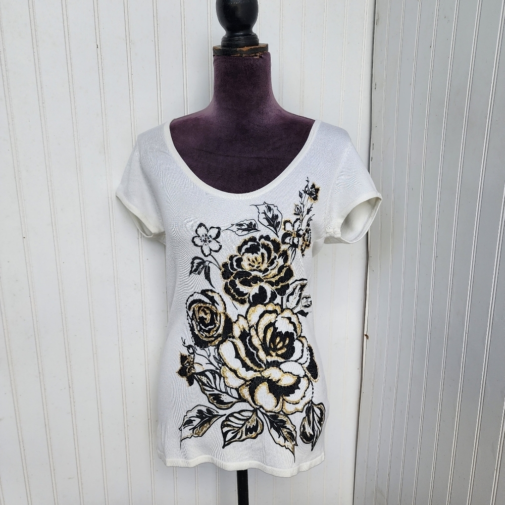 Cache Ivory Knit Black Gold Beaded Embellished Stretch Top Short Sleeve S